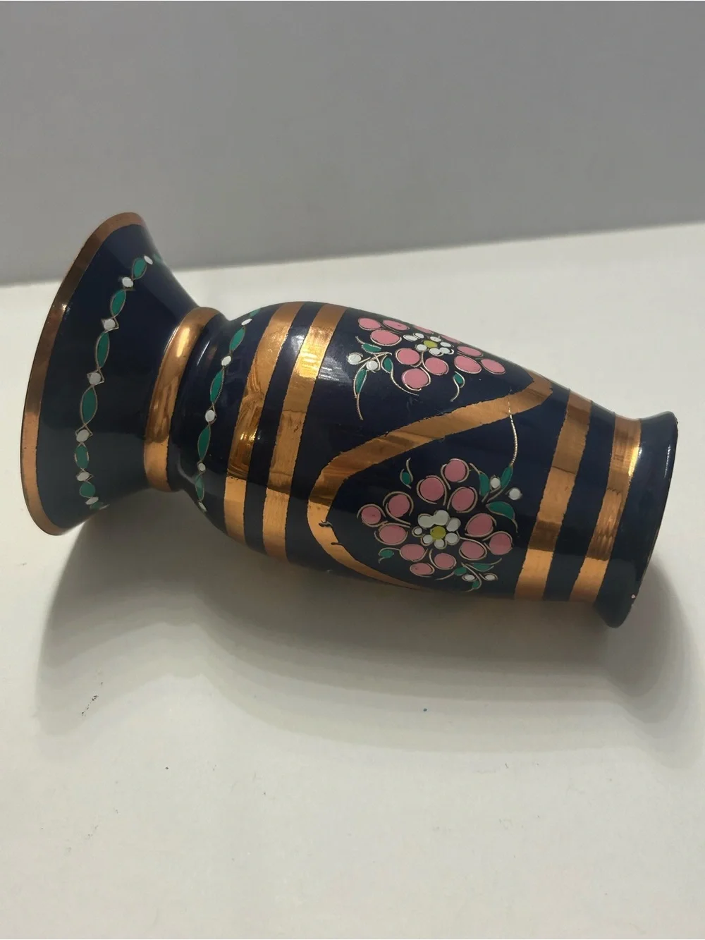 Vintage Enamel on Copper Mini Vase Blue Floral 4” - Picture 6 of 8